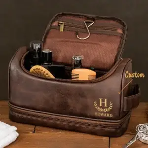 Brown Leather Travel Toiletry Bag with Custom Monogram for Men
