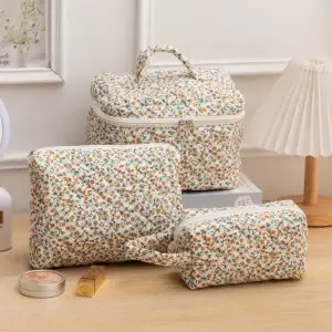 3Pcs Floral Travel  Cotton Quilted Cosmetic Organizer